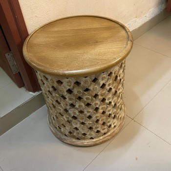 Distressed White Wooden Carved Seating Stool or Coffee Table