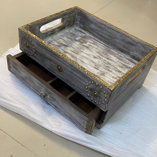 Antique White Wooden Tray Box Organizer with Brass Work