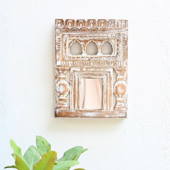 Vintage Wooden Old Jharokha Mirror Frame in Distressed White