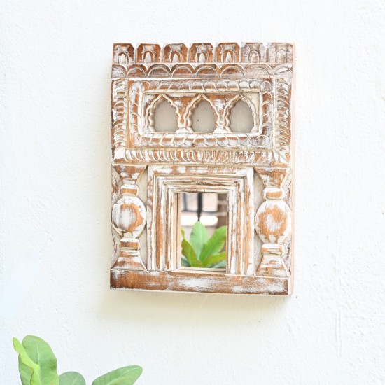 Vintage Wooden Old Jharokha Mirror Frame in Distressed White