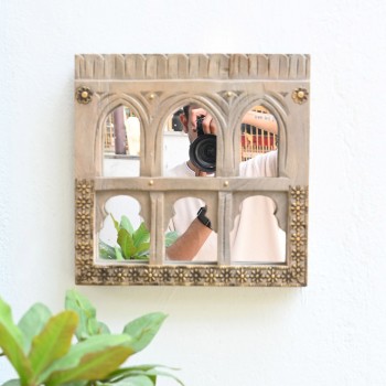 Vintage Wooden Old Jharokha Style Mirror Frame with Brass Detailing