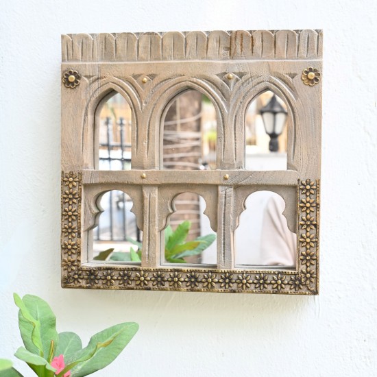 Vintage Wooden Old Jharokha Style Mirror Frame with Brass Detailing