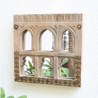 Vintage Wooden Old Jharokha Style Mirror Frame with Brass Detailing