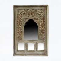 Antique Grey Wooden Hand Carved Jharokha Style Mirror Frame