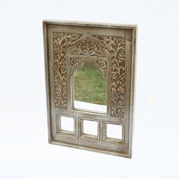 Antique Grey Wooden Hand Carved Jharokha Style Mirror Frame