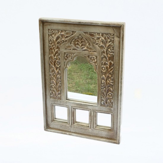 Antique Grey Wooden Hand Carved Jharokha Style Mirror Frame