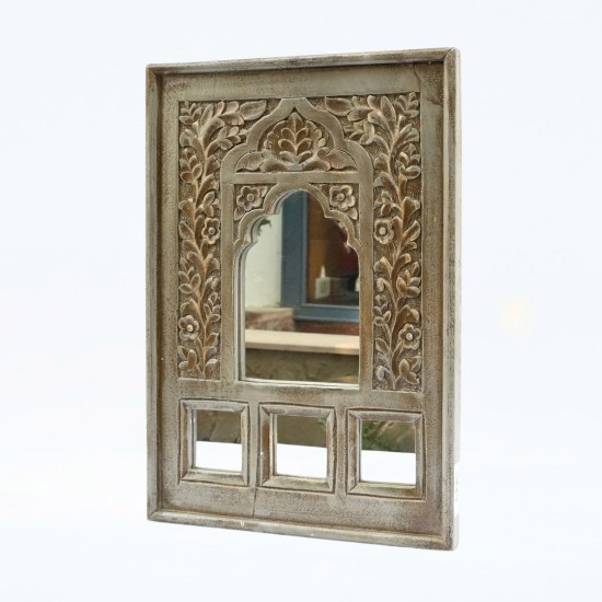 Antique Grey Wooden Hand Carved Jharokha Style Mirror Frame