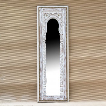 Traditional Carved Wooden Mirror Frame with Brass Art - Distressed White