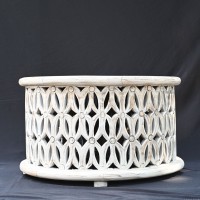 Distressed White Wooden Carved Round Coffee Table 