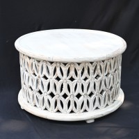 Distressed White Wooden Carved Round Coffee Table 