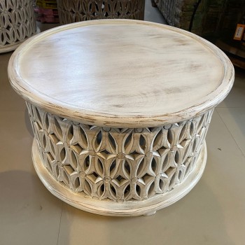 Distressed White Wooden Carved Round Coffee Table 