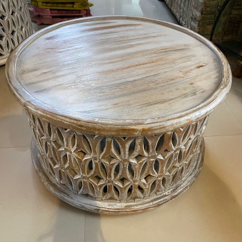 Distressed Grey Wooden Carved Round Coffee Table 