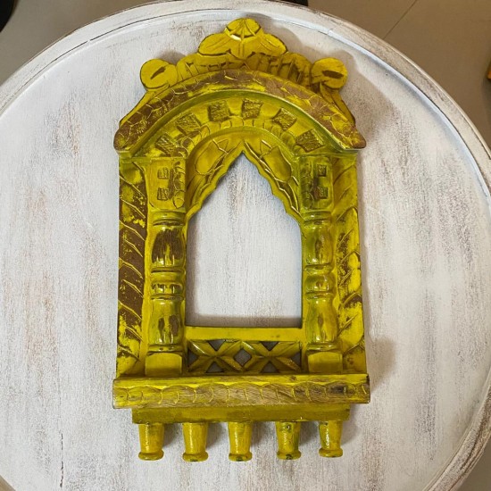 Traditional Wooden Jharokha In Bright Yellow - 16"