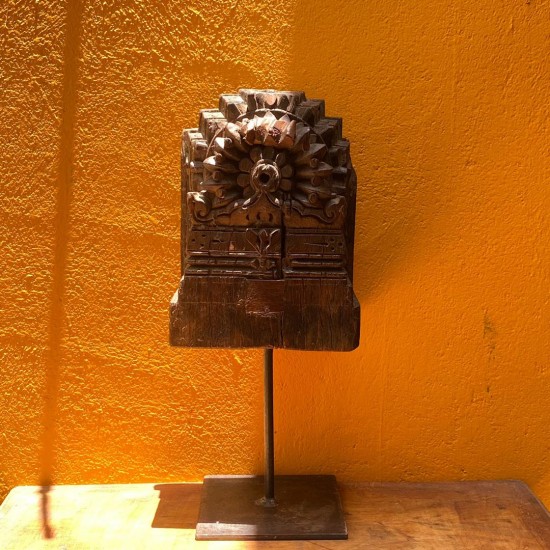 Antique Wooden Block on Iron Stand With Hand Carving