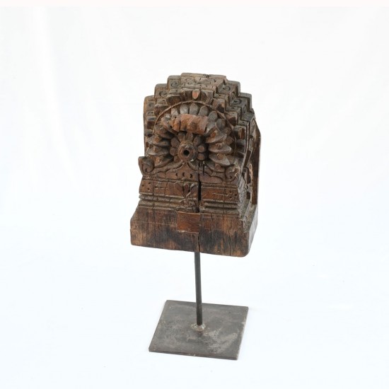 Antique Wooden Block on Iron Stand With Hand Carving