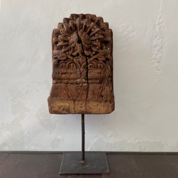 Antique Hand Carved Floral Wooden Block on Iron Stand
