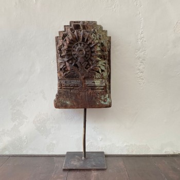 Vintage Hand Carved Floral Wooden Block on Iron Stand