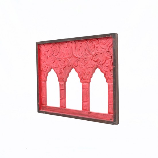 Hand Carved three window wooden frame in red