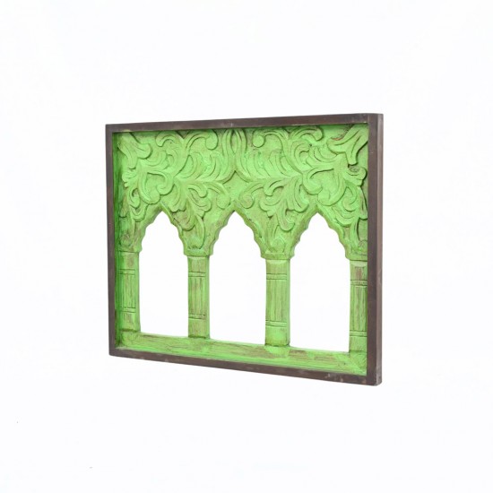 Hand Carved three window wooden frame in green