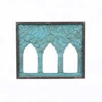 Hand Carved three window wooden frame in blue