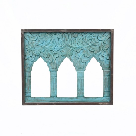 Hand Carved three window wooden frame in blue