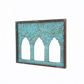 Hand Carved three window wooden frame in blue