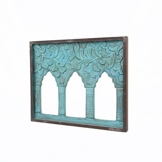 Hand Carved three window wooden frame in blue