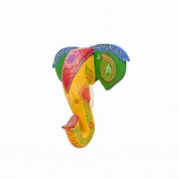 Hand Painted Wooden Elephant Face in Green/Yellow