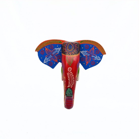 Hand Painted Wooden Elephant Face in Blue/Red