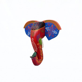 Hand Painted Wooden Elephant Face in Blue/Red