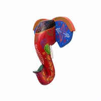 Hand Painted Wooden Elephant Face in Blue/Red