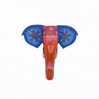 Hand Painted Wooden Elephant Face in Blue/Orange