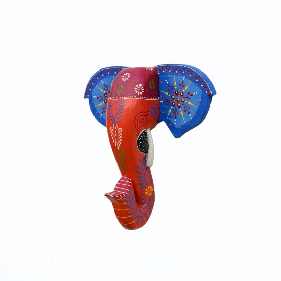 Hand Painted Wooden Elephant Face in Blue/Orange