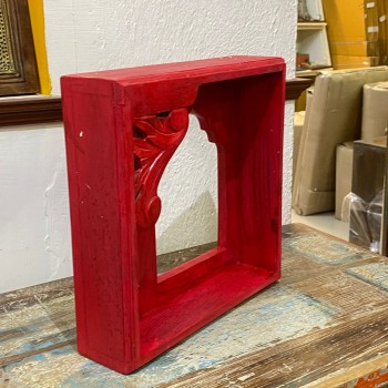 Traditional Carved Wooden Box Mirror Frame in Distressed Red