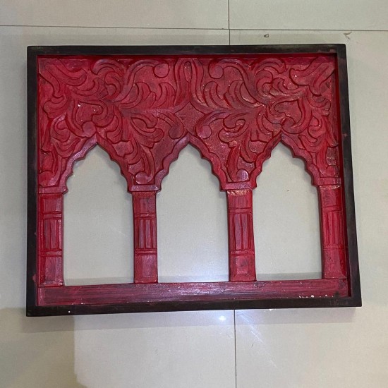 Hand Carved three window wooden frame in red