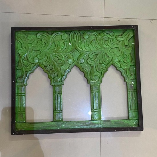 Hand Carved three window wooden frame in green