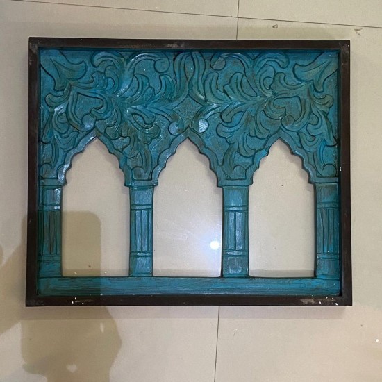 Hand Carved three window wooden frame in blue