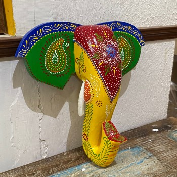 Hand Painted Wooden Elephant Face in Green/Yellow