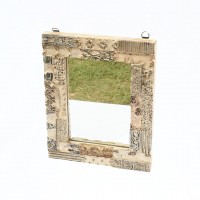 Distressed White Wooden Mirror Frame with Fine Hand Carving 15 Inch