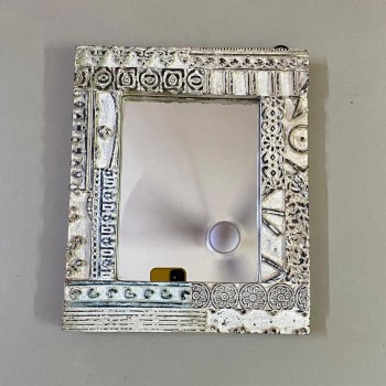 Distressed White Wooden Mirror Frame with Fine Hand Carving 12 Inch