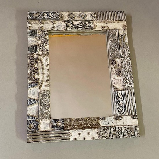 Distressed White Wooden Mirror Frame with Fine Hand Carving 15 Inch