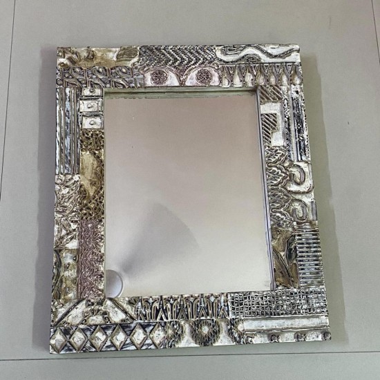 Distressed White Wooden Mirror Frame with Fine Hand Carving 18 Inch