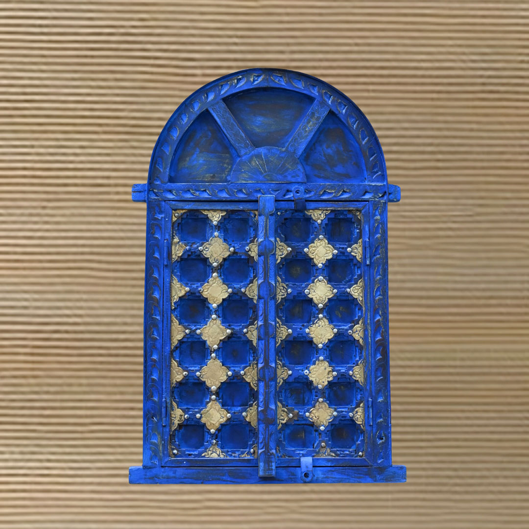 Distressed Blue Wooden Window Shaped Wall Piece