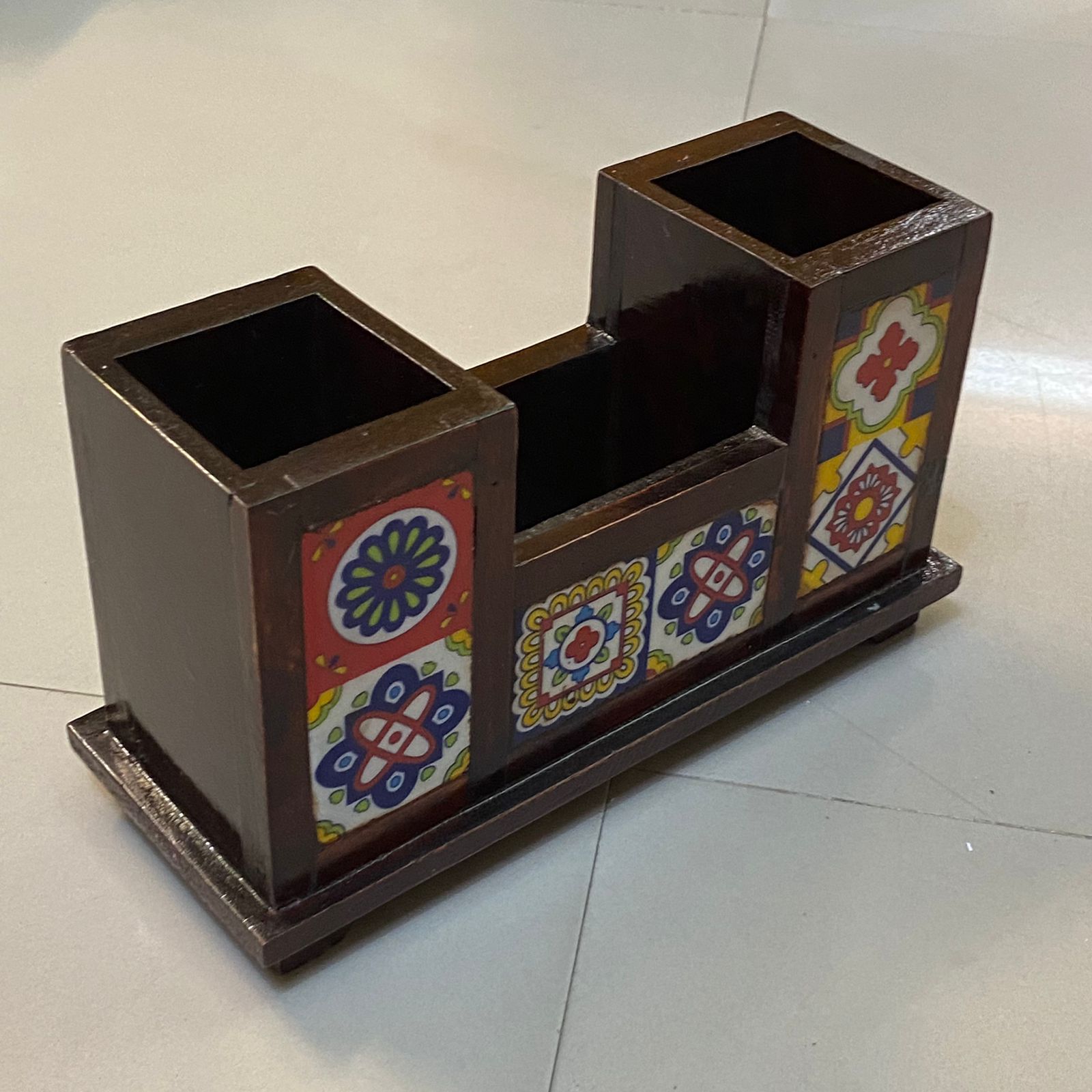 Classic Wooden Pencil Stand With Ceramic Tiles