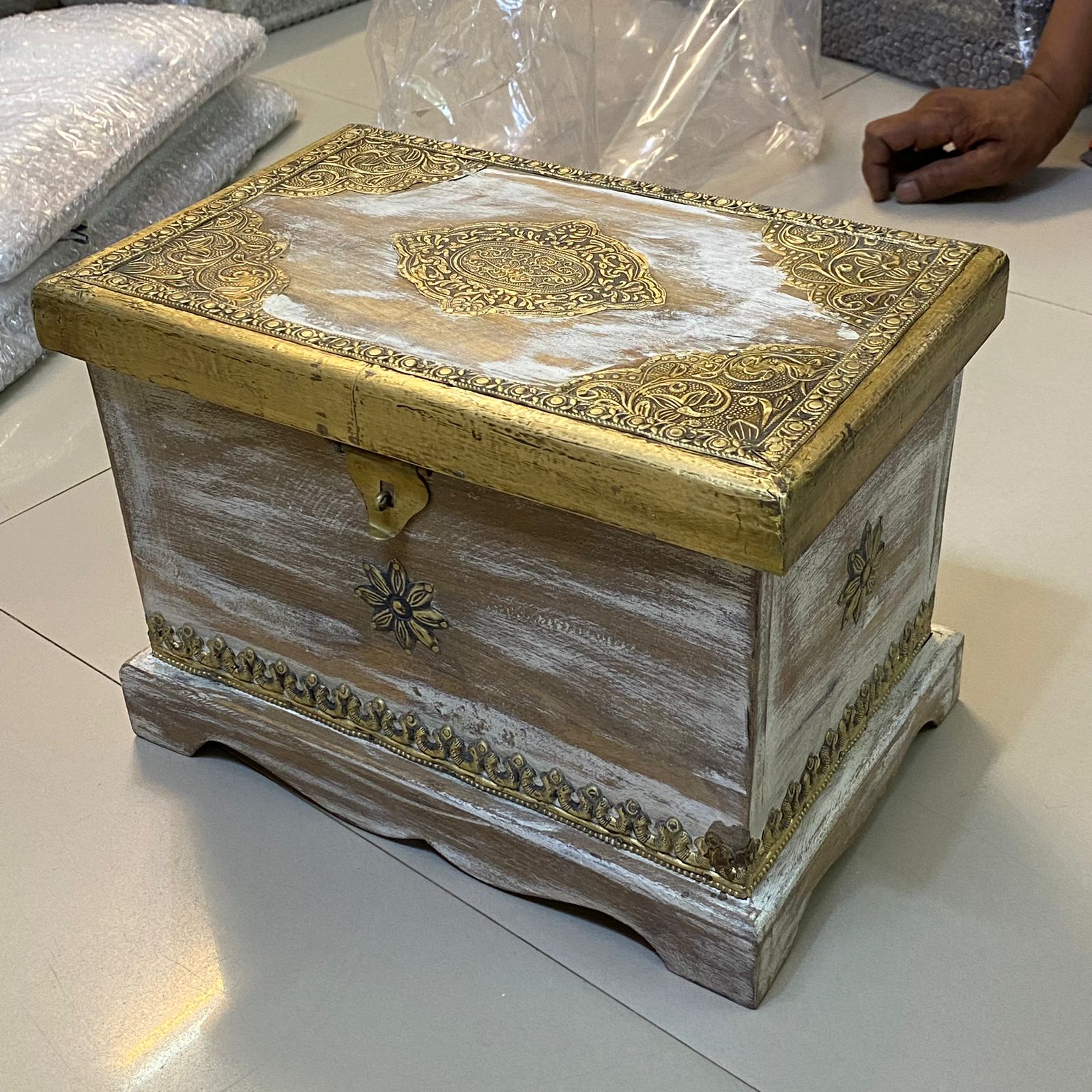 Distressed white wooden Jewellery box with brass hand work