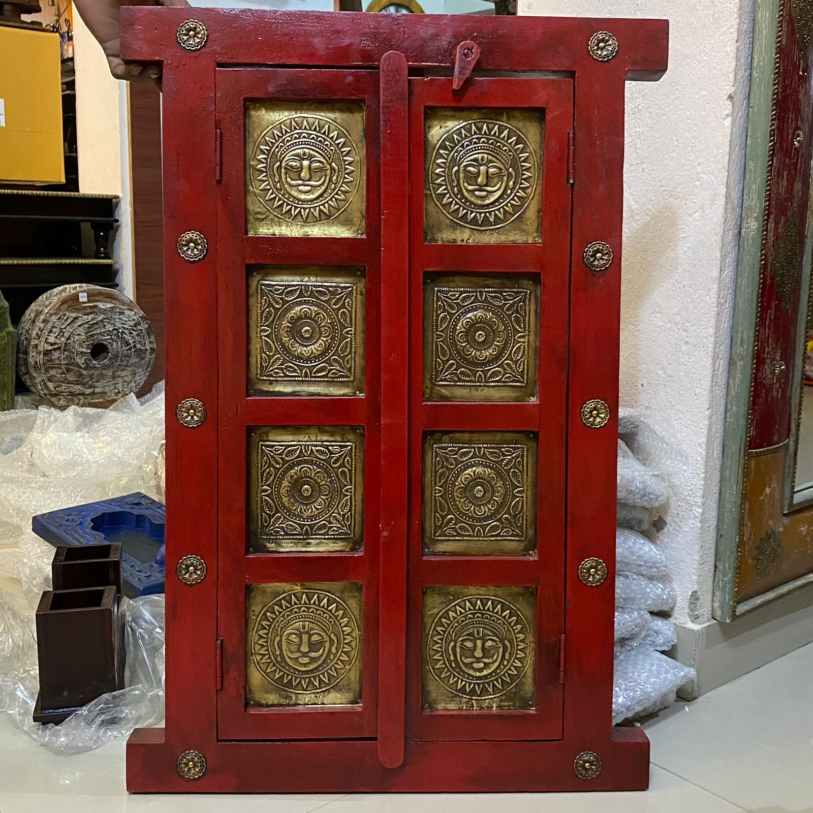 Wooden Decorative Window with brass art in Dark Red