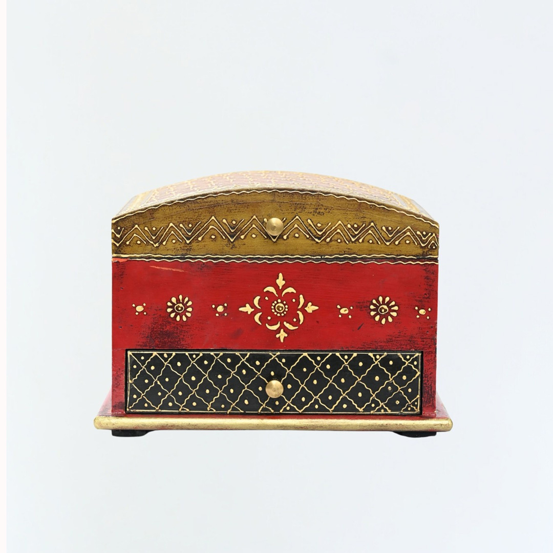 Hand painted jewellery box in Red and Golden