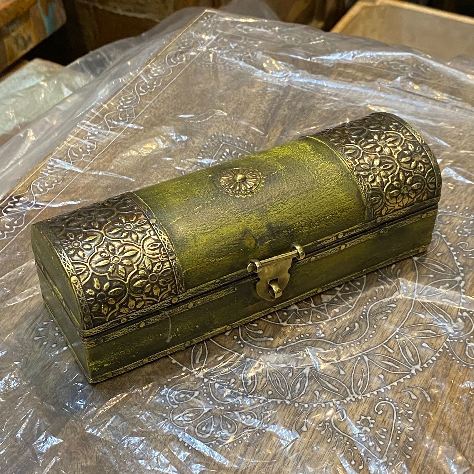 Green Wooden Trinket Box with Embossed Brass Work