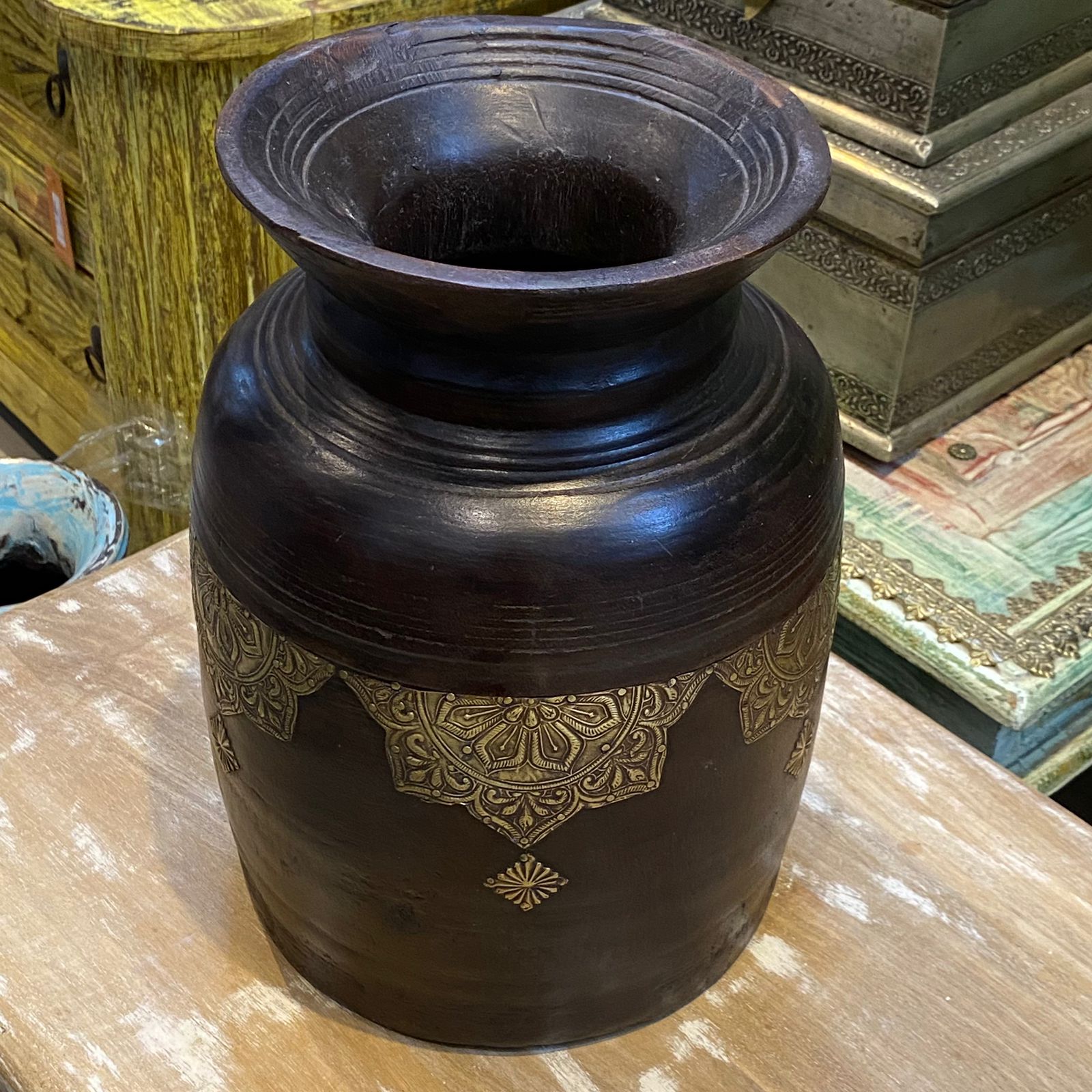 Timeless Wooden Vintage Pot with Brass Work 12" Inch