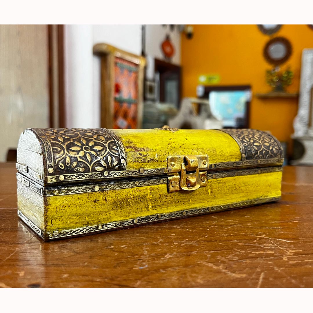 Yellow Wooden Trinket Box with Embossed Brass Work